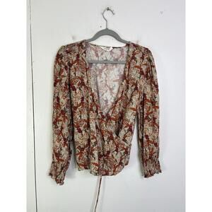 Kettlewell Top Womens L Nettie Wrap Apricot Vine Long Sleeve Smocked Tie Back